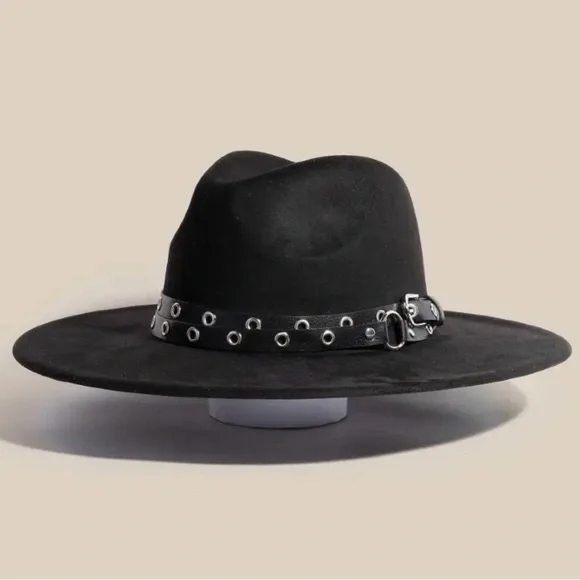 NWT Boho Gypsy Vibes Black Wide Flat Brimmed Fedora Ranchers Hat With Black Belt - Picture 5 of 6